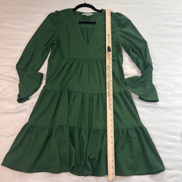 Tuckernuck Pomander Place Kenzo Dress Size S Hunter Green Crepe V Neck Tiered - Picture 6 of 16